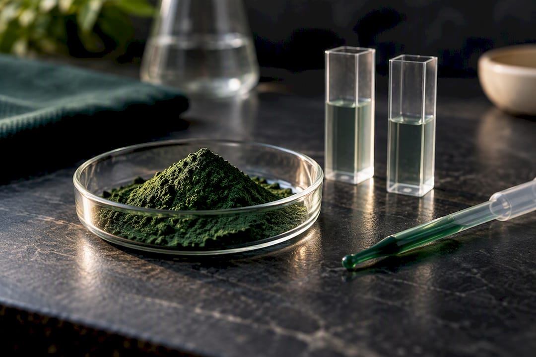 Spirulinapoeder naast onopvallende laboratoriumcuvetten