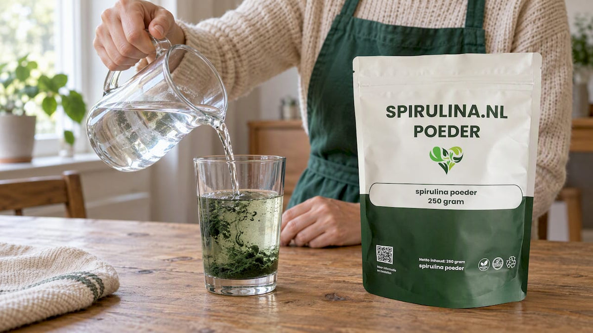 Spirulinapoeder wordt opgelost in water