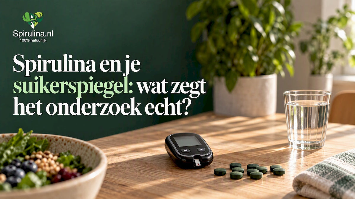 Spirulina tablet naast glucosemeter thuis