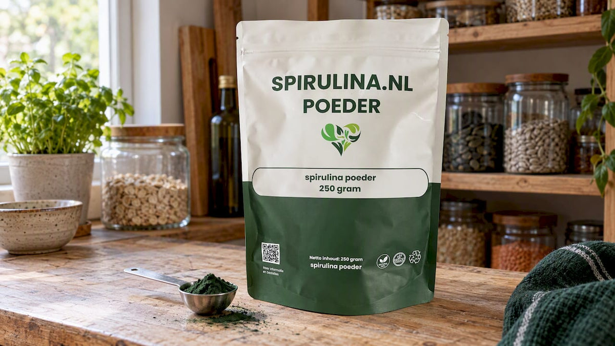 Spirulinapoeder met een afgemeten portie op het aanrecht