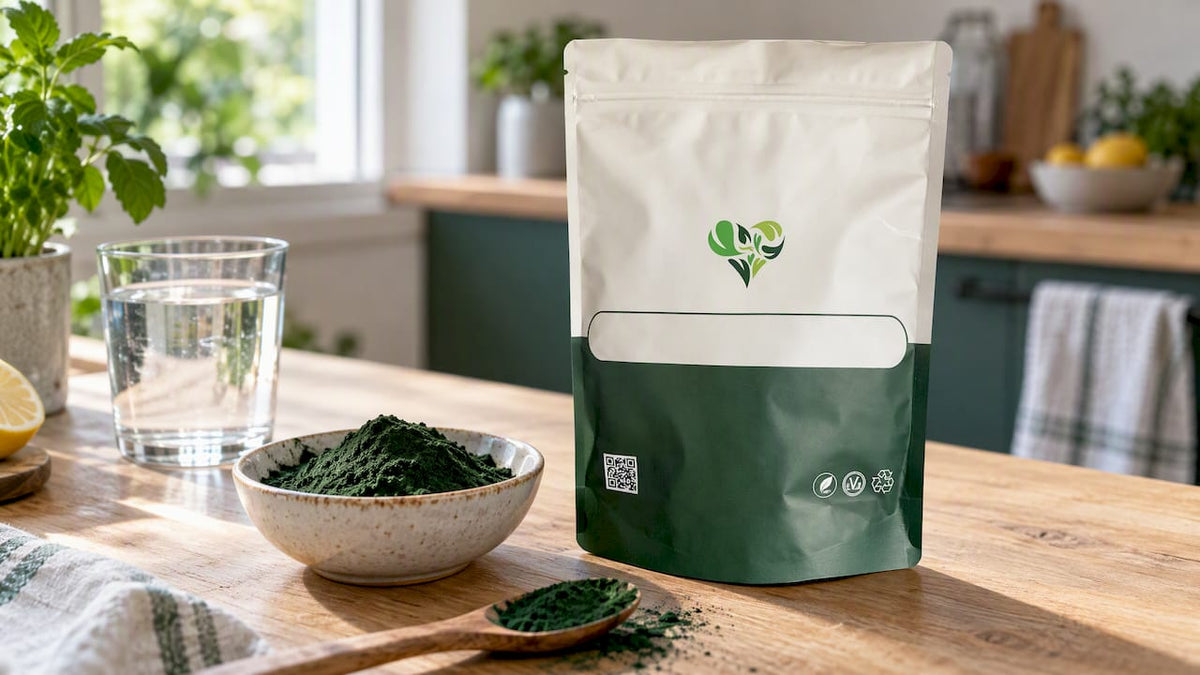 Spirulinapoeder op een lichte ontbijttafel
