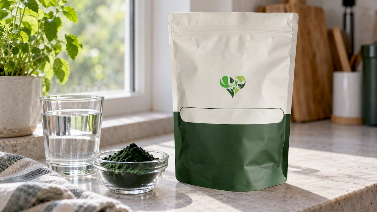 Spirulinapoeder naast een glas water