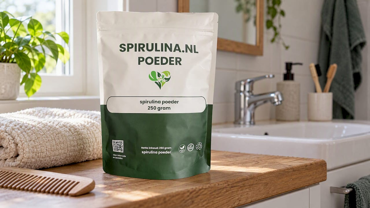 Spirulina naast een kam op de badkamerplank