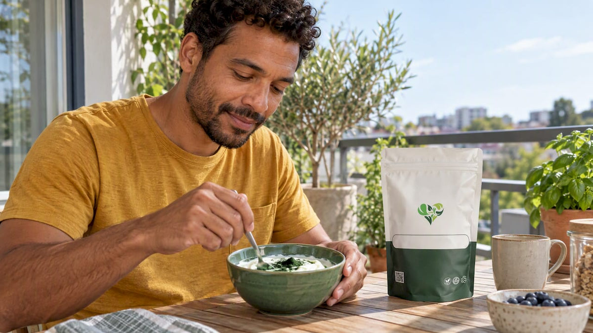 Man doet spirulinapoeder door yoghurt