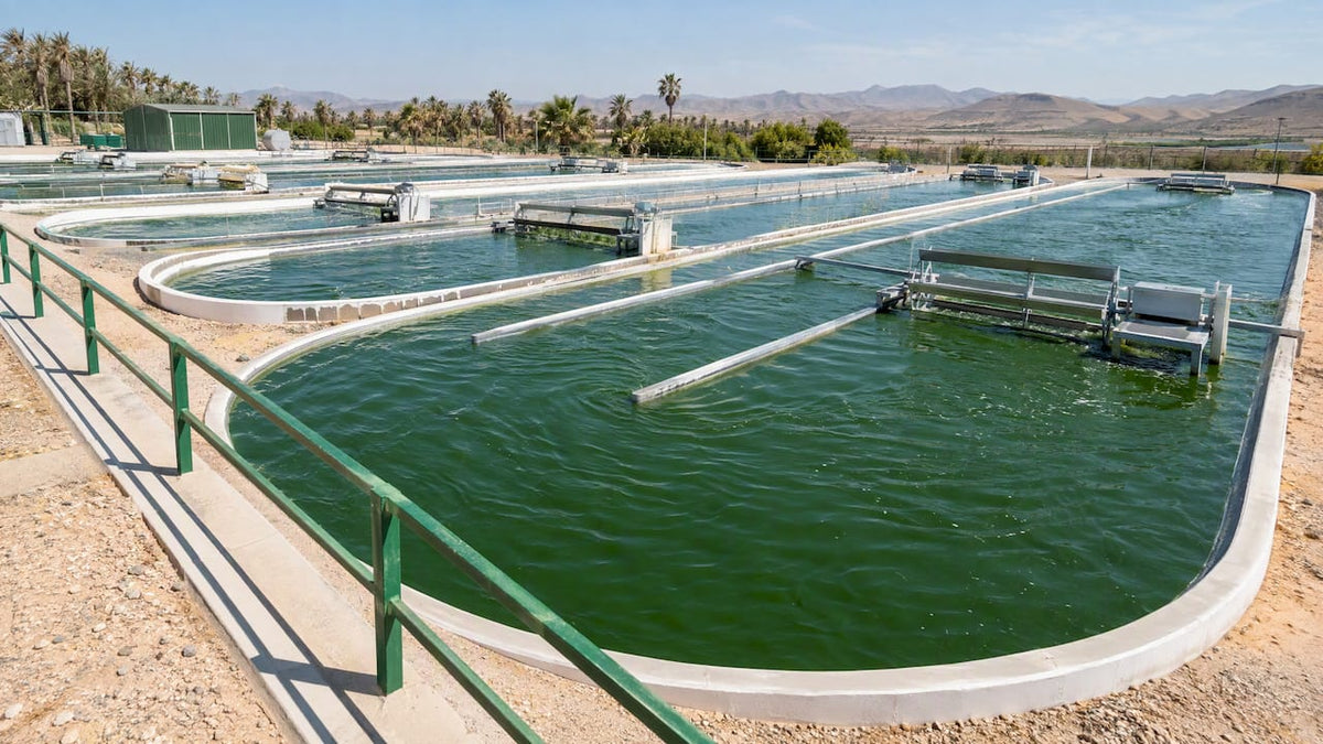 Groene spirulina gekweekt in ondiepe bassins