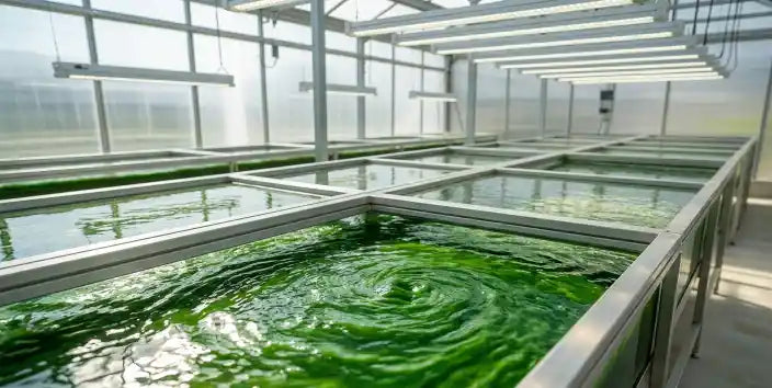 spirulina wordt zorgvuldig geteeld onder gecontroleerde omstandigheden.