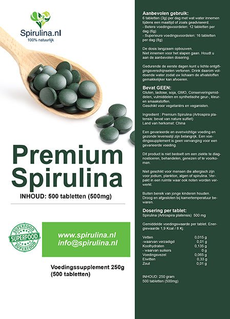 Spirulina tabletten 500mg - 500 stuks - Spirulina.nl